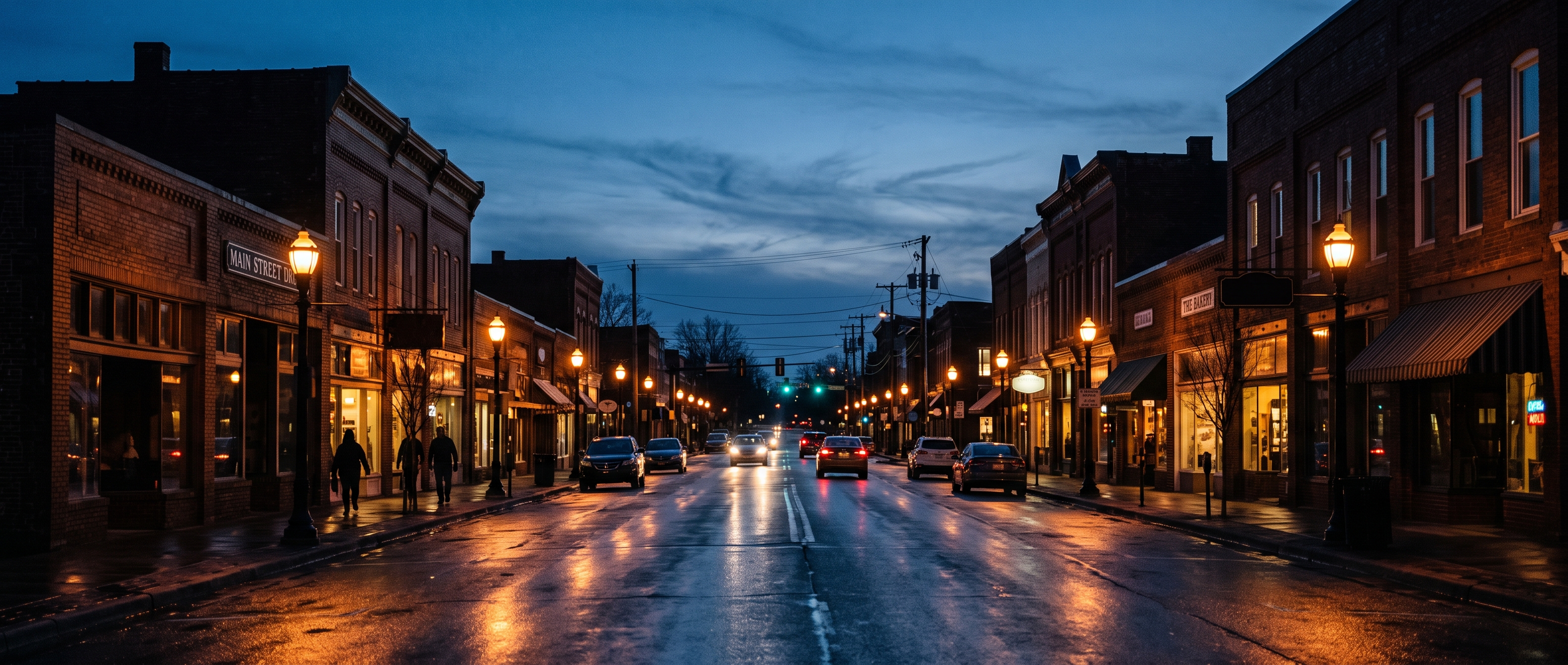 Illustration of a small-town main street skyline